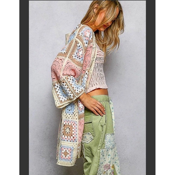 POL Sweaters - POL New Long Sleeve Granny Square Crochet Open Cardigan Pink One Size